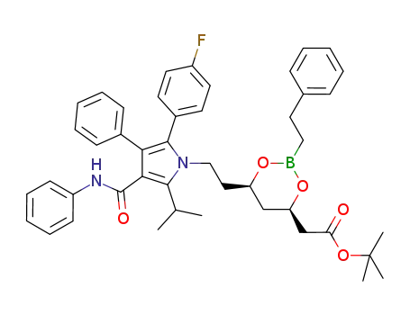 Molecular Structure of 1049684-97-0 (((4R,6R)-6-(2-[2-(4-fluoro-phenyl)-5-isopropyl-3-phenyl-4-phenylcarbamoyl-pyrrole-1-yl]-ethyl)-2-phenethyl-[1,3,2]dioxaborinane-4-yl)-acetic acid t-butyl ester)