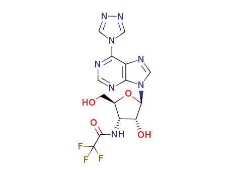 Molecular Structure of 384334-58-1 (2,2,2-Trifluoro-N-[(2S,3S,4R,5R)-4-hydroxy-2-hydroxymethyl-5-(6-[1,2,4]triazol-4-yl-purin-9-yl)-tetrahydro-furan-3-yl]-acetamide)