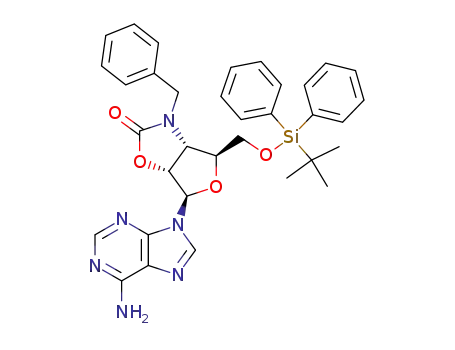 Molecular Structure of 125127-12-0 ((3aR,4S,6R,6aR)-6-(6-amino-9H-purin-9-yl)-3-benzyl-4-((tert-butyldiphenylsilyloxy)methyl)tetrahydrofuro[3,4-d]oxazol-2(3H)-one)