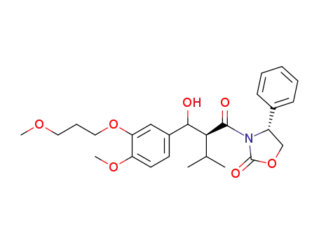 Molecular Structure of 1350705-32-6 ((4R)-3-(2S)-(2-(hydroxy(4-methoxy-3-(3-methoxypropoxy)phenyl)methyl)-3-methylbutanoyl)-4-phenyloxazolidin-2-one)