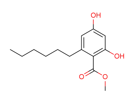 Molecular Structure of 102342-63-2 (2,4-dihydroxy-6-n-hexylbenzoic acid, methyl ester)