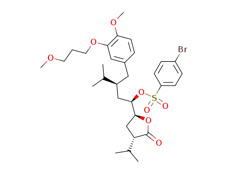 Molecular Structure of 387353-75-5 (4-Bromo-benzenesulfonic acid (1R,3S)-1-((2S,4S)-4-isopropyl-5-oxo-tetrahydro-furan-2-yl)-3-[4-methoxy-3-(3-methoxy-propoxy)-benzyl]-4-methyl-pentyl ester)