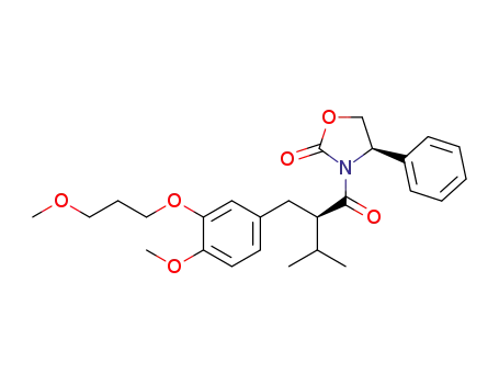 Molecular Structure of 1350705-31-5 ((R)-3-((R)-2-(4-methoxy-3-(3-methoxypropoxy)benzyl)-3-methylbutanoyl)-4-phenyloxazolidin-2-one)