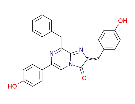 Molecular Structure of 62541-09-7 (Imidazo[1,2-a]pyrazin-3(2H)-one,  6-(4-hydroxyphenyl)-2-[(4-hydroxyphenyl)methylene]-8-(phenylmethyl)-  (9CI))