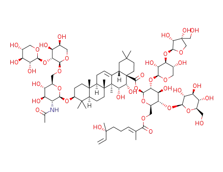 15,16-dihydroxy-3-[[O-β-D-xylopyranosyl-(1->2)-O-α-L-arabinopyranosyl-(1->6)-2-(acetylamino)-2-deoxy-β-D-glucopyranosyl]oxy]-(3β,15α,16α)-olean-12-en-28-oic acid O-D-apio-β-D-furanosyl-(1->3)-O-β-D-xylopyranosyl-(1->2)-O-[β-D-glucopyranosyl-(1->4)]-6-O-[(2E,6R)-6-hydroxy-2,6-dimethyl-1-oxo-2,7-octadienyl]-β-D-glucopyranosyl ester