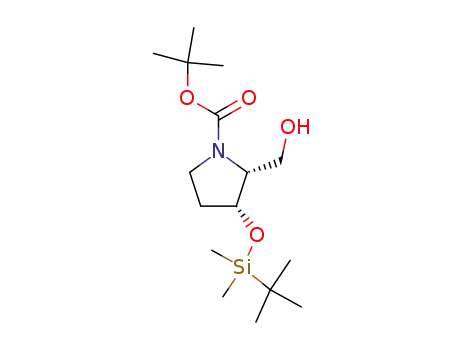 Molecular Structure of 123287-88-7 (1-Pyrrolidinecarboxylic acid,
3-[[(1,1-dimethylethyl)dimethylsilyl]oxy]-2-(hydroxymethyl)-,
1,1-dimethylethyl ester, (2R,3R)-)