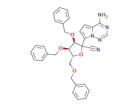 Molecular Structure of 1191237-68-9 ((3R,4R,5R)-2-(4-aminopyrrolo[2,1-f][1,2,4]triazin-7-yl)-3,4-bis(benzyloxy)-5-((benzyloxy) methyl)tetrahydrofuran-2-carbonitrile)
