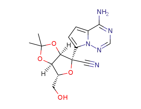 Molecular Structure of 1191237-80-5 ((3αR,4R,6R,6αR)-4-(4-aminopyrrolo[2,1-f][1,2,4]triazin-7-yl)-6-(hydroxymethyl)-2,2-dimethyltetrahydrofuro[3,4-d][1,3]dioxole-4-carbonitrile)