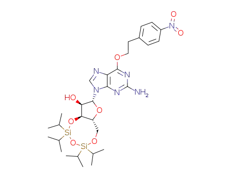 Molecular Structure of 158604-45-6 (O<sup>6</sup>-<2-(4-nitrophenyl)ethyl>-9-<3',5'-O-(1,1,3,3-tetraisopropyldisiloxane-1,3-diyl)-β-D-ribofuranosyl>guanine)