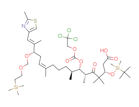 Molecular Structure of 823789-87-3 ((3S,6R,7S,8S,12Z,15S,16E)-3-(tert-butyldimethylsilyloxy)-7-[(2,2,2-trichloroethoxycarbonyl)oxy]-15-(2-trimethylsilylethoxymethoxy)-4,4,6,8,12,16-hexamethyl-17-(2-methyl-1,3-thiazol-4-yl)-5-oxoheptadeca-12,16-dienoic acid)