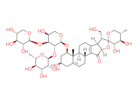 Molecular Structure of 66194-91-0 (18-Norspirosta-5,13-dien-15-one,1-[(O-6-deoxy-a-L-mannopyranosyl-(1&reg;2)-O-[b-D-xylopyranosyl-(1&reg;3)]-a-L-arabinopyranosyl)oxy]-3,21,23,24-tetrahydroxy-, (1b,3b,23S,24R,25S)-)