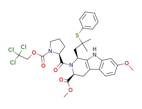 Molecular Structure of 111433-90-0 ((1S,3S)-7-Methoxy-1-(2-methyl-2-phenylsulfanyl-propyl)-2-[(S)-1-(2,2,2-trichloro-ethoxycarbonyl)-pyrrolidine-2-carbonyl]-2,3,4,9-tetrahydro-1H-β-carboline-3-carboxylic acid methyl ester)
