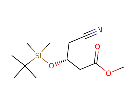 Molecular Structure of 105876-27-5 (Butanoic acid, 4-cyano-3-[[(1,1-dimethylethyl)dimethylsilyl]oxy]-, methyl
ester, (R)-)