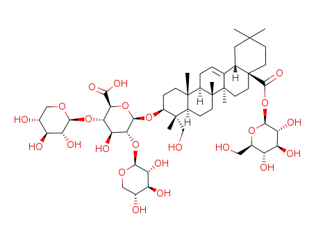 Molecular Structure of 86438-30-4 (â-D-Glucopyranosiduronic acid,(3â,4R)-28-(â-D-glucopyranosyloxy)-23- hydroxy-28-oxoolean-12-en-3-yl O-â-D-xylopyranosyl-(1f2)-O-[â-Dxylopyranosyl-( 1f4)]- )