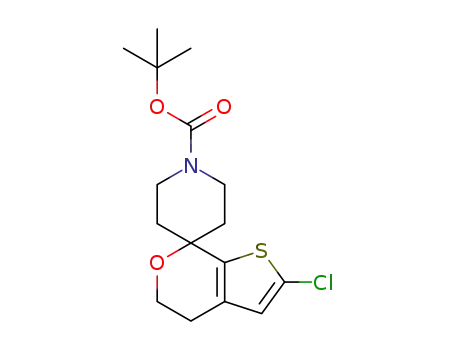 Molecular Structure of 1307248-45-8 (Spiro[piperidine-4,7'-[7H]thieno[2,3-c]pyran]-1-carboxylic acid, 2'-chloro-4',5'-dihydro-, 1,1-diMethylethyl ester)