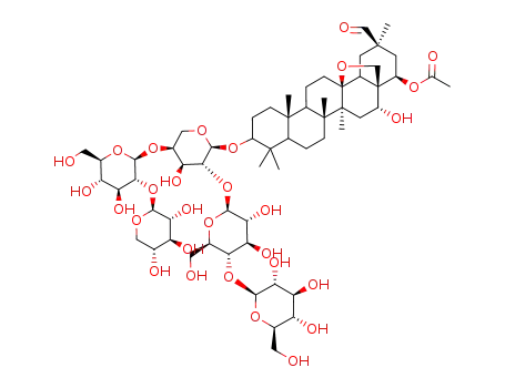 Molecular Structure of 110786-71-5 (Oleanan-29-al,22-(acetyloxy)-13,28-epoxy-3-[(O-b-D-glucopyranosyl-(1®4)-O-b-D-glucopyranosyl-(1®2)-O-[O-b-D-xylopyranosyl-(1®2)-b-D-glucopyranosyl-(1®4)]-a-L-arabinopyranosyl)oxy]-16-hydroxy-, (3b,16a,20b,22b)-)