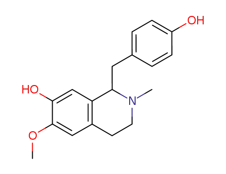 Molecular Structure of 1472-62-4 (7-Isoquinolinol,
1,2,3,4-tetrahydro-1-[(4-hydroxyphenyl)methyl]-6-methoxy-2-methyl-)