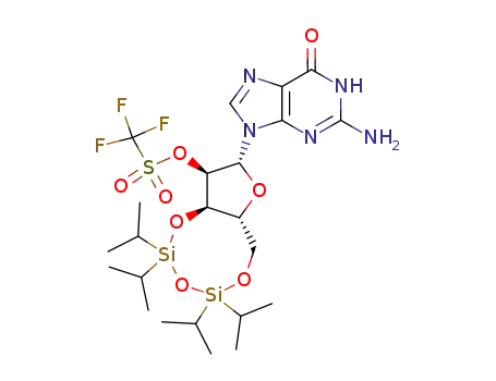 Molecular Structure of 142941-91-1 (3',5'-O-(1,1,3,3-tetraisopropyldisiloxane-1,3-diyl)-2'-O-[(trifluoromethyl)sulfonyl]-β-D-guanosine)