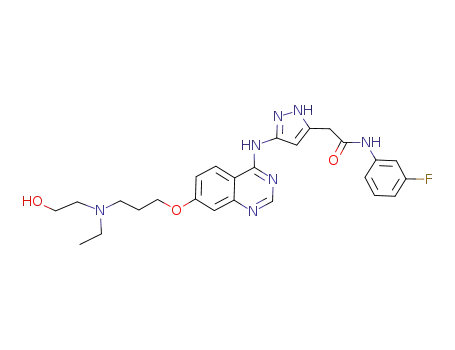 Molecular Structure of 722544-51-6 (1H-Pyrazole-3-acetamide, 5-[[7-[3-[ethyl(2-hydroxyethyl)amino]propoxy]-4-quinazolinyl]amino]-N-(3-fluorophenyl)-)
