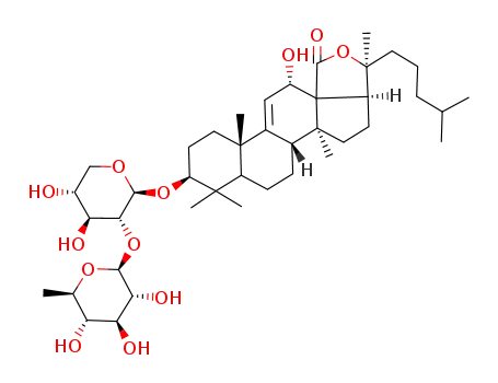 Molecular Structure of 77394-03-7 ((20S)-3β-[2-O-(6-Deoxy-β-D-glucopyranosyl)-β-D-xylopyranosyloxy]-12α,20-dihydroxy-5α-lanost-9(11)-en-18-oic acid 18,20-lactone)