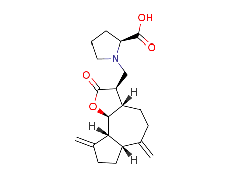 Molecular Structure of 126209-82-3 (1-[(3R,3aS,9bS)-6,9-Bismethylene-2-oxoperhydroazulene[4,5-b]furan-3-ylmethyl]pyrrolidine-2(S)-carboxylic acid)