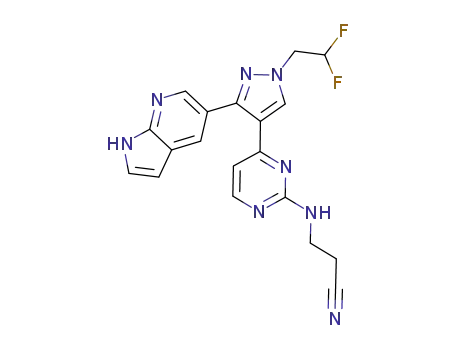 Molecular Structure of 1111636-35-1 (Propanenitrile, 3-[[4-[1-(2,2-difluoroethyl)-3-(1H-pyrrolo[2,3-b]pyridin-5-yl)-1H-pyrazol-4-yl]-2-pyriMidinyl]aMino]-)