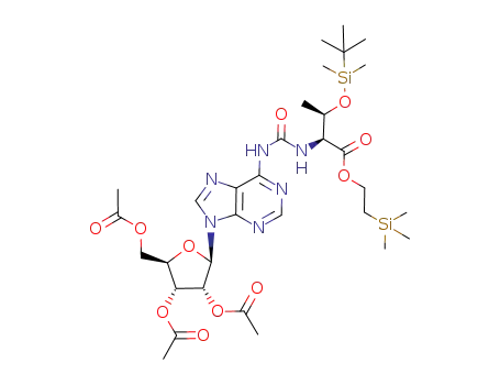 Molecular Structure of 292053-97-5 ((2,3,5-tri-O-acetyl-N-[(9-β-D-ribofuranosyl-9H-purin-6-yl)carbamoyl])-O-tert-butyldimethylsilyl-L-threonine 2-trimethylsilylethyl ester)