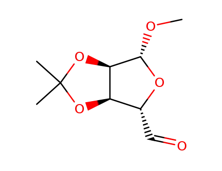 Molecular Structure of 33985-40-9 ((3aR,4S,6R,6aR)-tetrahydro-6-methoxy-2,2-dimethylfuro-[3,4-d][1,3]dioxole-4-carbaldehyde)