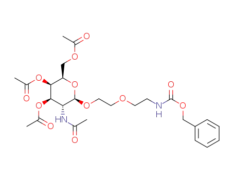 Molecular Structure of 1261568-35-7 ((2R,3R,4R,5R,6R)-5-acetaMido-2-(acetoxyMethyl)-6-(2-(2-(benzyloxycarbonylaMino)ethoxy)ethoxy)tetrahydro-2H-pyran-3,4-diyl diacetate)