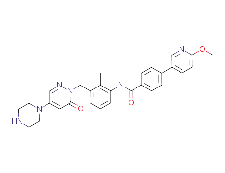 Molecular Structure of 1103458-91-8 (Benzamide, 4-(6-methoxy-3-pyridinyl)-N-[2-methyl-3-[[6-oxo-4-(1-piperazinyl)-1(6H)-pyridazinyl]methyl]phenyl]-)