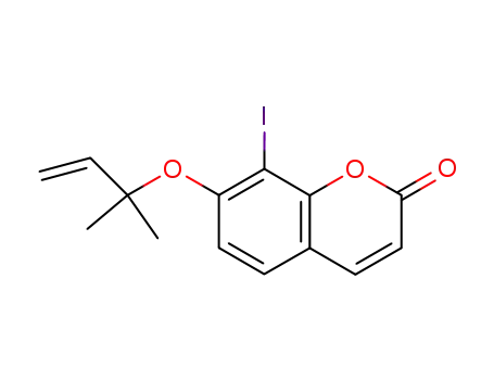Molecular Structure of 104311-20-8 (2H-1-Benzopyran-2-one, 7-[(1,1-dimethyl-2-propenyl)oxy]-8-iodo-)