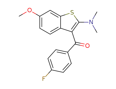 Molecular Structure of 243845-88-7 ((2-dimethylamino-6-methoxy-benzo[<i>b</i>]thiophen-3-yl)-(4-fluoro-phenyl)-methanone)