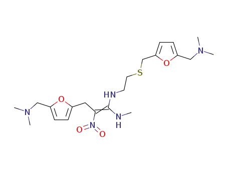 Molecular Structure of 112233-25-7 (1-Propene-1,1-diamine,
3-[5-[(dimethylamino)methyl]-2-furanyl]-N-[2-[[[5-[(dimethylamino)methyl]
-2-furanyl]methyl]thio]ethyl]-N'-methyl-2-nitro-, (Z)-)