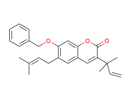Molecular Structure of 1242261-01-3 (7-(Benzyloxy)-3-(2-methyl-3-buten-2-yl)-6-(3-methyl-2-buten-1-yl)-2H-chromen-2-one)