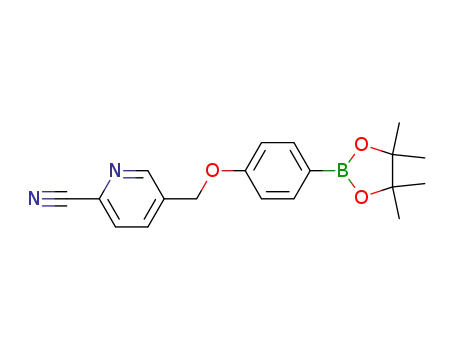 Molecular Structure of 1206101-28-1 (5-[4-(4, 4, 5, 5-Tetramethyl-[1,3,2]dioxaborolan-2-yl)-phenoxymethyl]-pyridine-2-carbonitrile)