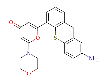 Molecular Structure of 587871-49-6 (4H-Pyran-4-one, 2-(7-amino-9H-thioxanthen-4-yl)-6-(4-morpholinyl)-)