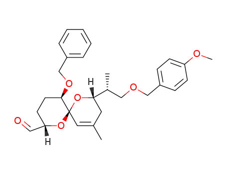 Molecular Structure of 203926-64-1 ((2S,5R,6S,8S)-5-Benzyloxy-8-[(R)-2-(4-methoxy-benzyloxy)-1-methyl-ethyl]-10-methyl-1,7-dioxa-spiro[5.5]undec-10-ene-2-carbaldehyde)