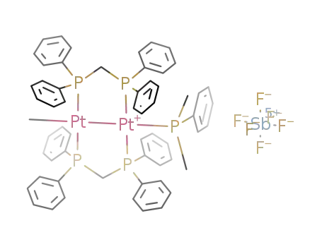 Pt<sub>2</sub>(CH<sub>3</sub>)(P(CH<sub>3</sub>)2C<sub>6</sub>H<sub>5</sub>)((C<sub>6</sub>H<sub>5</sub>)2PCH<sub>2</sub>P(C<sub>6</sub>H<sub>5</sub>)2)2<sup>(1+)</sup>*SbF<sub>6</sub><sup>(1-)</sup>=(Pt<sub>2</sub>(CH<sub>3</sub>)(P(CH<sub>3</sub>)2C<sub>6</sub>H<sub>5</sub>)((C<sub>6</sub>H<sub>5</sub>)2PCH<sub>2</sub>P(C<sub>6</sub>H<sub>5</sub>)2)2)SbF<sub>6</sub>