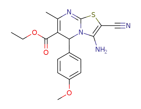Molecular Structure of 154866-95-2 (ethyl 3-amino-2-cyano-5-(4-methoxyphenyl)-7-methyl-5H-thiazolo<3,2-a>pyrimidine-6-carboxylate)