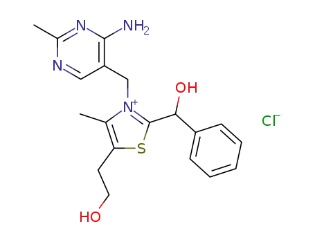 Molecular Structure of 27350-85-2 (Thiazolium,
3-[(4-amino-2-methyl-5-pyrimidinyl)methyl]-2-(hydroxyphenylmethyl)-5-(2
-hydroxyethyl)-4-methyl-, chloride)