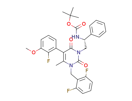 Molecular Structure of 830346-53-7 (tert-butyl {(1R)-2-[3-(2,6-difluorobenzyl)-5-(2-fluoro-3-methoxyphenyl)-4-methyl-2,6-dioxo-3,6-dihydropyrimidin-1(2H)-yl]-1-phenylethyl}carbamate)