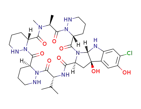 Molecular Structure of 1400276-81-4 ((4aS,10aR,13S,19aR,21aS,26bR,27aS,30R)-24-chloro-2,3,4,4a,8,9,10,10a,12,13,17,18,19,19a,22,26b,27,27a,29,30-icosahydro-25,26b-dihydroxy-12,13-dimethyl-30-(propan-2-yl)-7H,21aH-tripyridazino[1’’,6’’:10’,11’;1’’’,6’’’:16’,17’;1’’’’,6’’’’:7’,8’] [1,4,7,10,13,16]hexaazacyclooctadecino[1’,2’:1,5]pyrrolo[2,3-b]indole-5,11,14,20,28,31(1H,16H)-hexone)