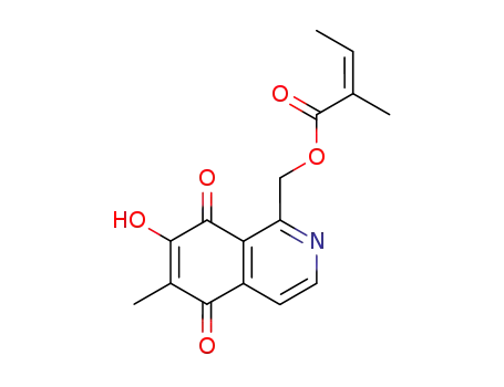 Molecular Structure of 77515-81-2 (2-Butenoic acid, 2-methyl-,
(5,8-dihydro-7-hydroxy-6-methyl-5,8-dioxo-1-isoquinolinyl)methyl ester,
(Z)-)
