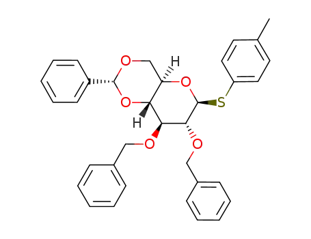 Molecular Structure of 850416-39-6 (4-Methylphenyl2,3-bis-O-(phenylmethyl)-4,6-O-[(R)-phenylmethylene]-1-thio-β-D-Glucopyranoside)