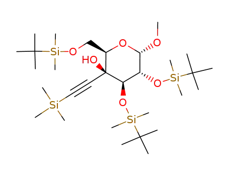Molecular Structure of 127924-45-2 ((2R,3S,4R,5R,6S)-4,5-Bis-(tert-butyl-dimethyl-silanyloxy)-2-(tert-butyl-dimethyl-silanyloxymethyl)-6-methoxy-3-trimethylsilanylethynyl-tetrahydro-pyran-3-ol)