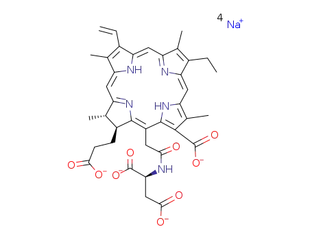 Molecular Structure of 220201-34-3 (Tetrasodium (2S)-2-((((7S,8S)-3-carboxylato-7-(2-carboxylatoethyl)-13-ethenyl-18-ethyl-2,8,12,17-tetramethyl-7,8-dihydroporphyrin-5-yl)acetyl)amino)butanedioate)