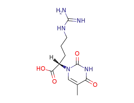 Molecular Structure of 87616-33-9 ((S)-5-Guanidino-2-(5-methyl-2,4-dioxo-3,4-dihydro-2H-pyrimidin-1-yl)-pentanoic acid)