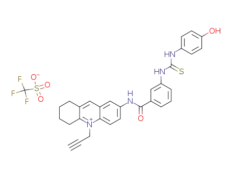 Molecular Structure of 133978-82-2 (Trifluoro-methanesulfonate7-{3-[3-(4-hydroxy-phenyl)-thioureido]-benzoylamino}-10-prop-2-ynyl-1,2,3,4-tetrahydro-acridinium;)
