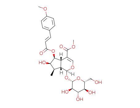 Molecular Structure of 97145-52-3 (methyl (1S,4aS)-1-(beta-D-glucopyranosyloxy)-6-hydroxy-5-{[(2E)-3-(4-methoxyphenyl)prop-2-enoyl]oxy}-7-methyl-1,4a,5,6,7,7a-hexahydrocyclopenta[c]pyran-4-carboxylate)