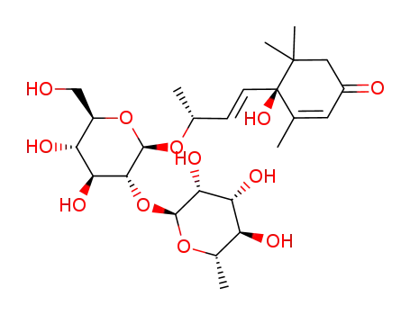 Molecular Structure of 81425-28-7 (2-Cyclohexen-1-one,4-[(1E,3R)-3-[[2-O-(6- deoxy-R-L-mannopyranosyl)-â-Dglucopyranosyl] oxy]-1-butenyl]-4-hydroxy-3,- 5,5-trimethyl-,(4S)- )